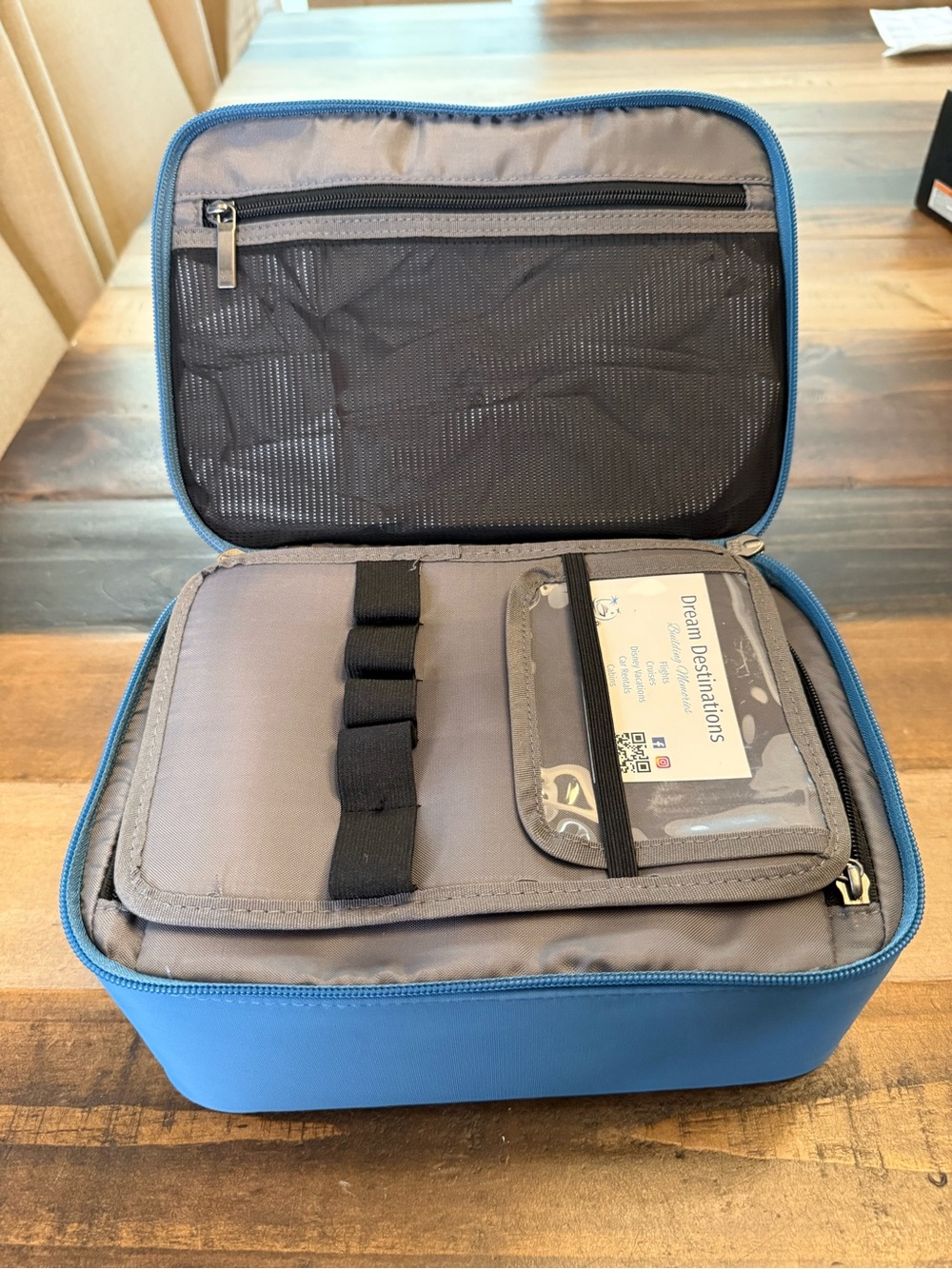 Open Story Blue Makeup Case Organizer, Zipper Handle Pockets, 10x7x6.5" - Picture 4 of 7
